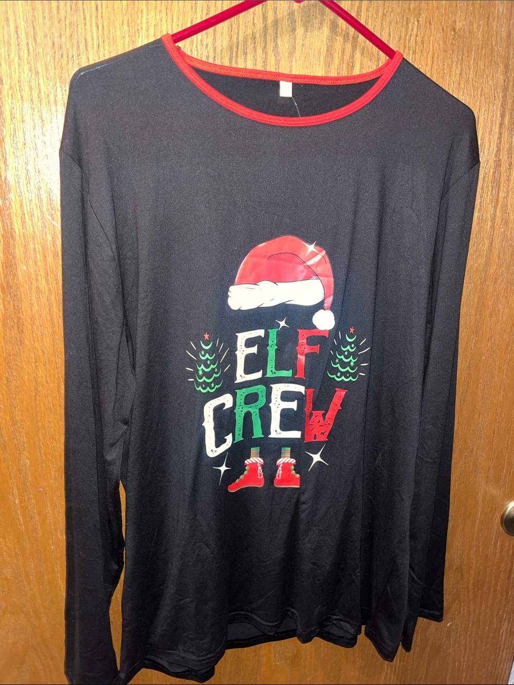 Black Long-Sleeve Holiday Tee with Red Trim - Elf Crew